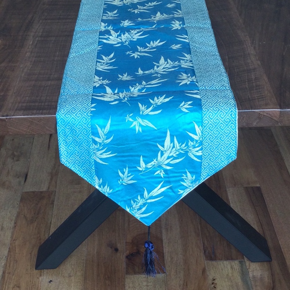 NEW Table Runner Aqua Blue with gold shimmery designs.